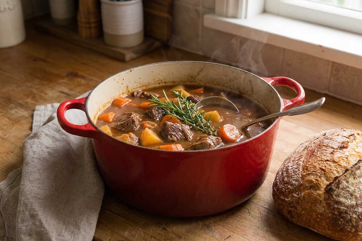 A Dutch oven filled with lamb stew, showing tender lamb chunks, carrots, potatoes, and a glossy brown broth on a warm kitchen counter with soft natural light