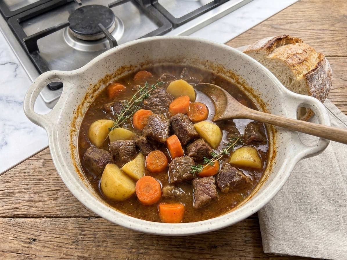 A Dutch oven filled with meaty beef stew with tender beef chunks, potatoes, carrots, and thyme in a rich brown gravy on a cozy kitchen counter