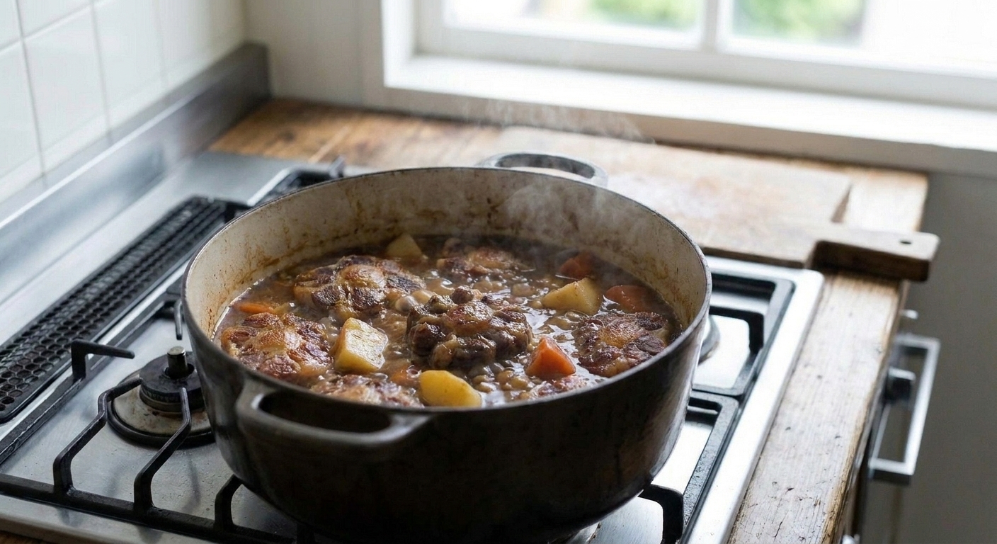 A Dutch oven filled with oxtail stew, showing browned oxtail pieces in a rich brown gravy with carrots and potatoes, on a warm kitchen counter with soft natural light