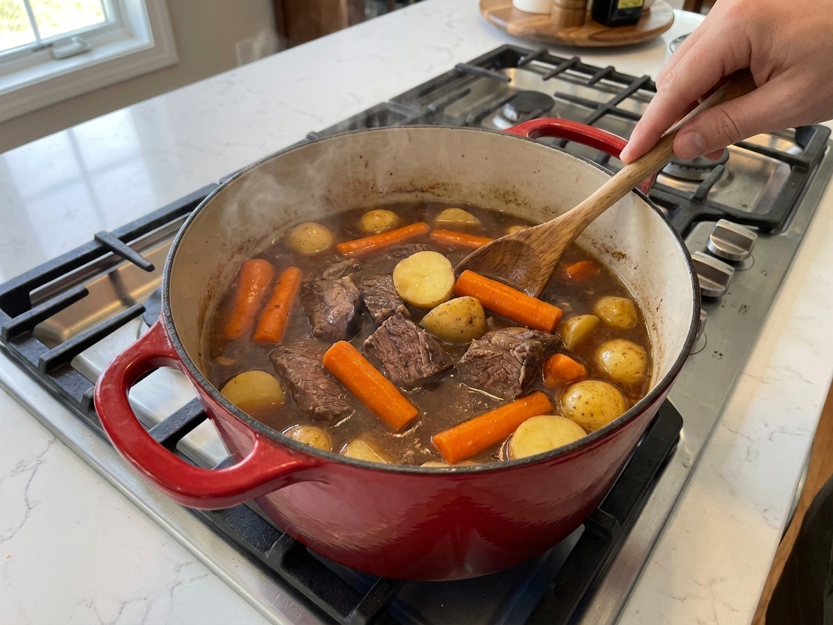 A Dutch oven filled with pot roast, carrots, and potatoes simmering in rich brown broth on a stovetop