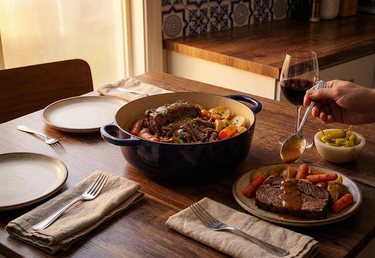 A Dutch oven filled with pot roast placed on a dinner table with simple plates, linen napkins, and warm evening light