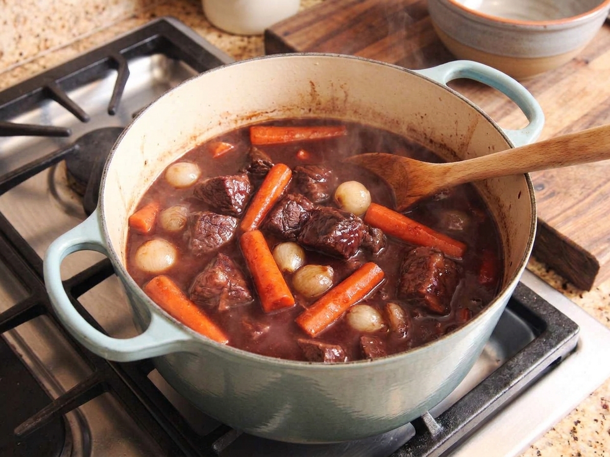 A Dutch oven filled with red wine braised beef, carrots, and onions in a glossy dark sauce on a stovetop in warm kitchen lighting