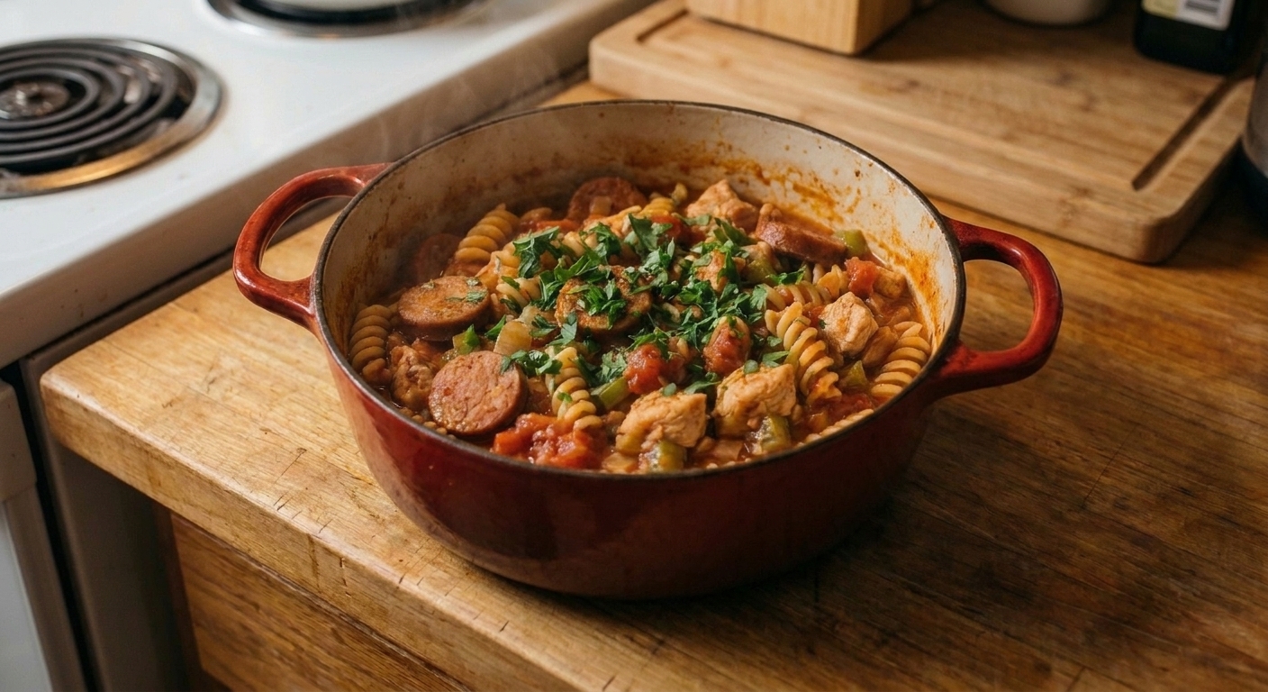 A Dutch oven filled with saucy pastalaya pasta with sliced andouille sausage, tender chicken pieces, and chopped parsley on a warm-toned kitchen counter