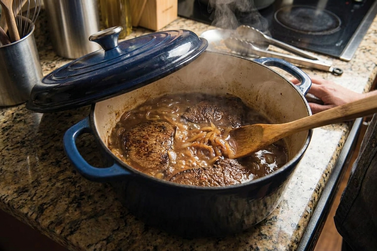 A Dutch oven filled with steaks and onion broth mixture, lid set slightly ajar on a kitchen counter
