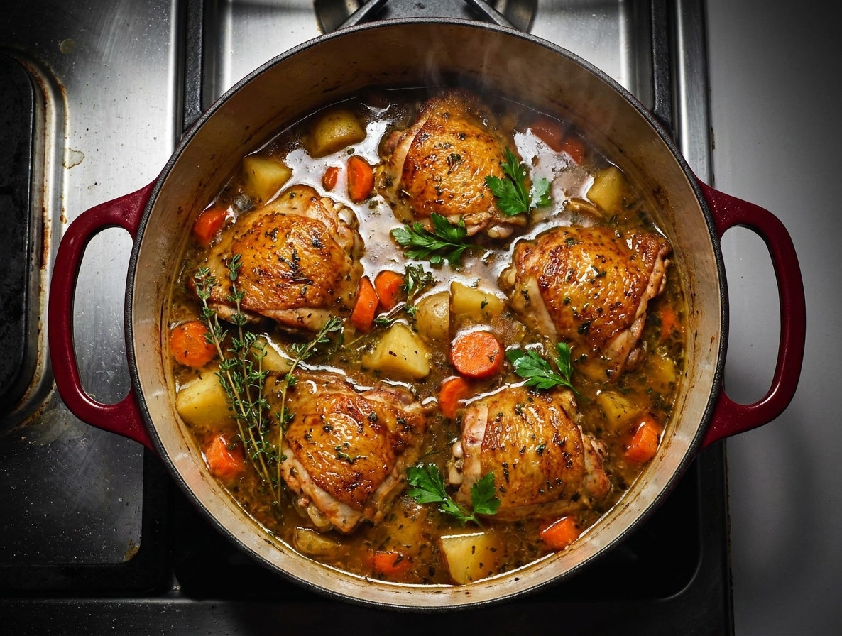 A Dutch oven filled with stewed chicken thighs, potatoes, and carrots in a glossy herb-speckled broth on a stovetop