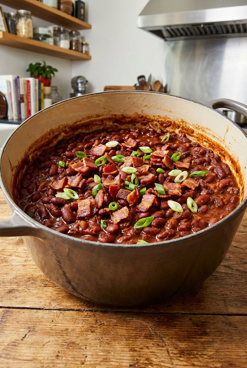 A Dutch oven filled with sweet and smoky chili beans topped with chopped bacon and sliced green onions on a wooden table