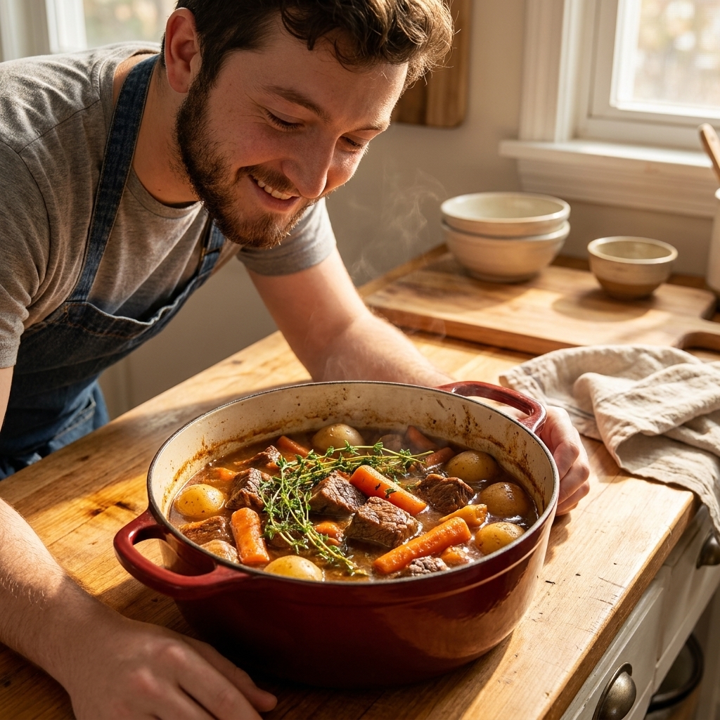 A Dutch oven filled with thick beef stew with tender chunks of beef, carrots, potatoes, and fresh thyme on top, sitting on a wooden kitchen counter in warm natural light