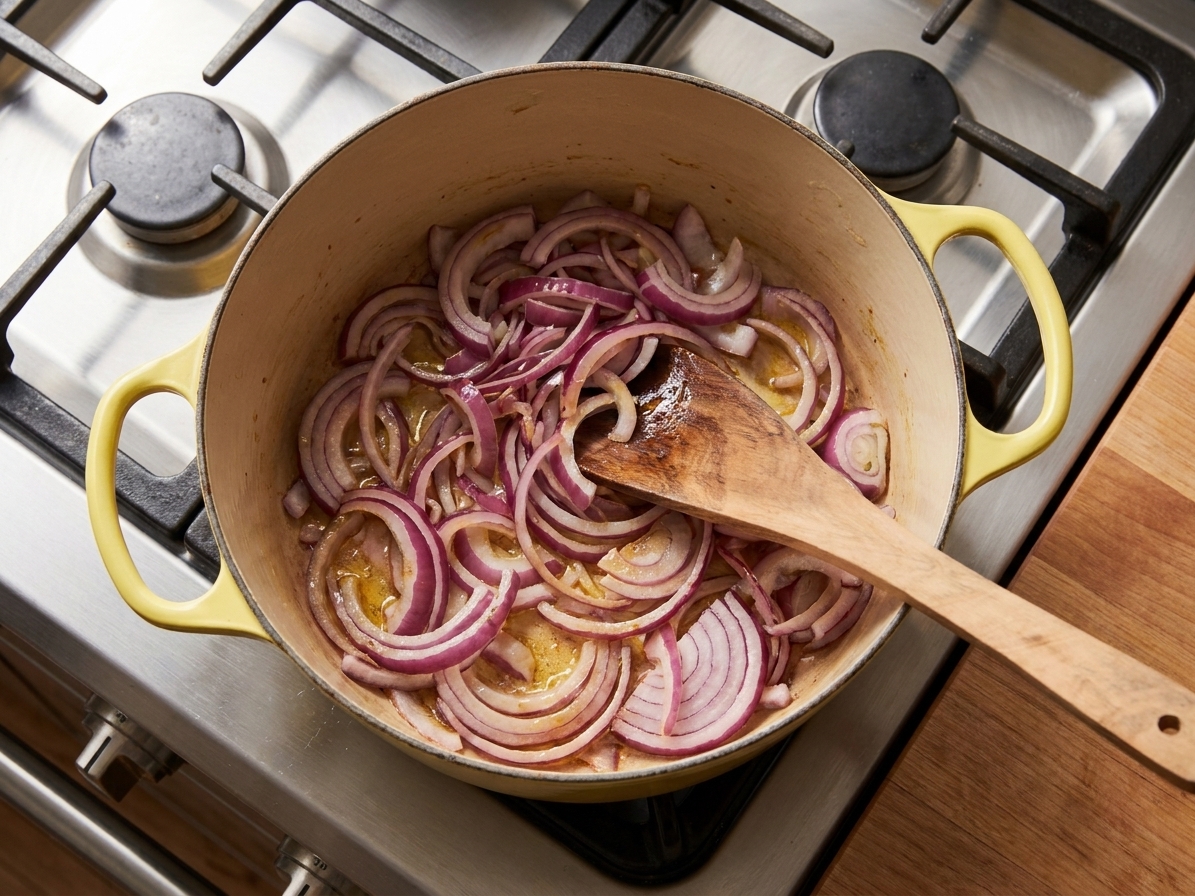 A Dutch oven filled with thinly sliced onions beginning to soften on the stovetop