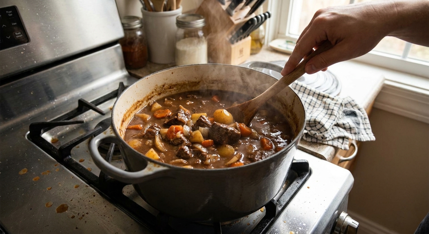 A Dutch oven of beef stew simmering on a stovetop with a wooden spoon stirring the thick gravy and vegetables, real kitchen photo style