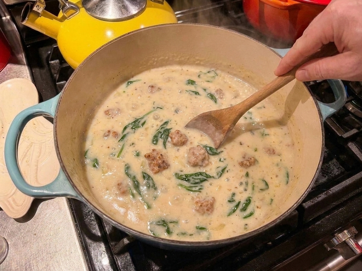 A Dutch oven of creamy soup gently simmering on a stovetop with steam rising in a warm home kitchen