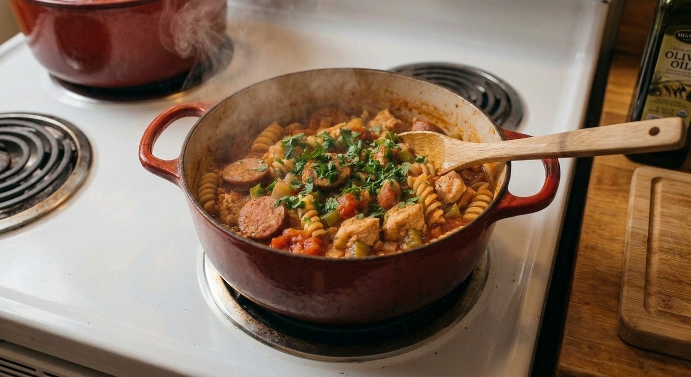 A Dutch oven of pastalaya on the stovetop with a wooden spoon resting inside and steam rising