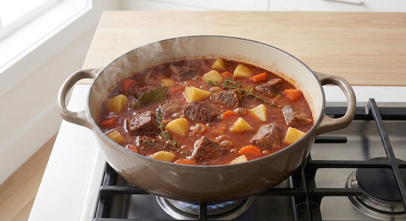 A Dutch oven of red chile beef stew gently simmering with potatoes and carrots visible at the surface