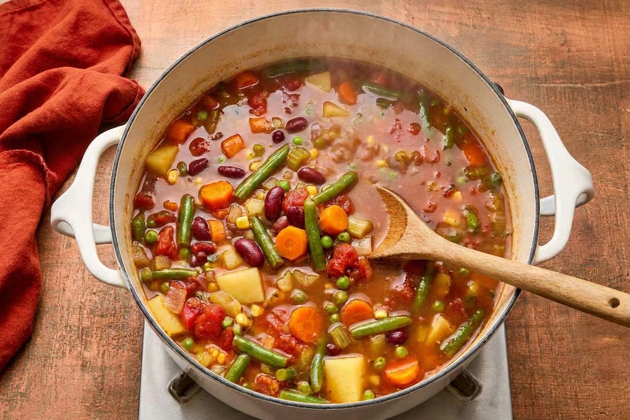 A Dutch oven of vegetable soup gently simmering with visible carrots, green beans, beans, and tomatoes, steam rising