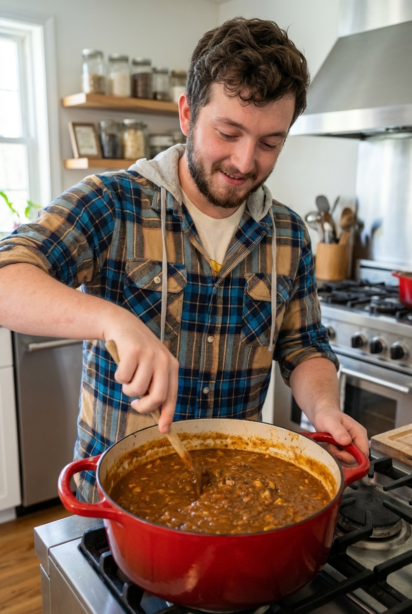 A Dutch oven on a stove with Brunswick stew simmering and a wooden spoon stirring