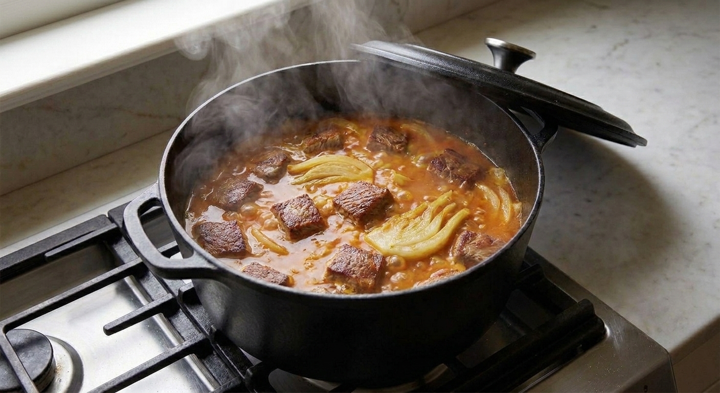 A Dutch oven on a stove with a saffron-tinted tomato broth gently simmering, steam rising