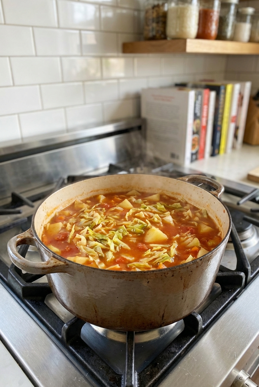 A Dutch oven on a stove with cabbage soup simmering, showing shredded cabbage and potatoes in a reddish broth