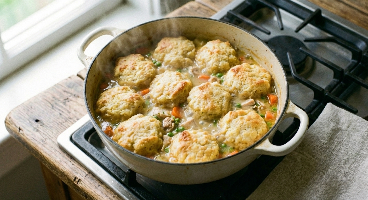 A Dutch oven on a stove with chicken and dumplings simmering, dumplings puffed up on the surface and steam rising