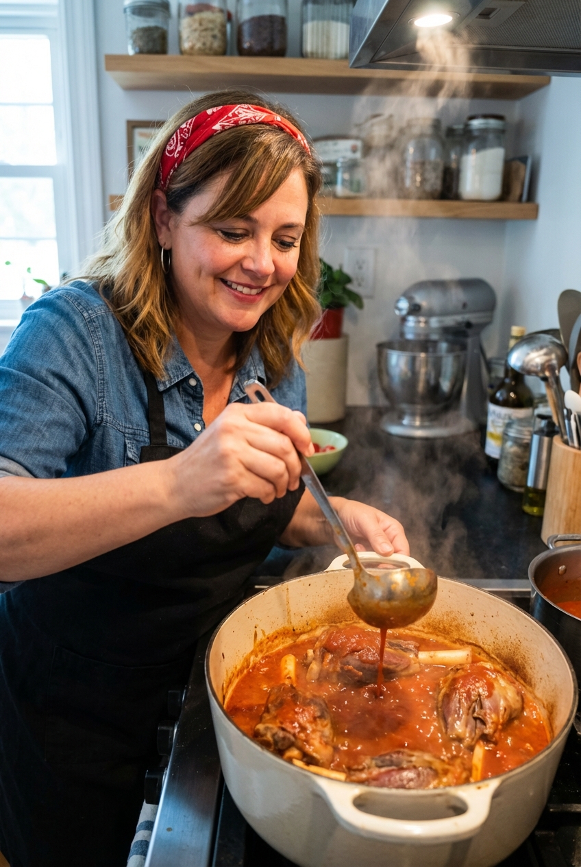 A Dutch oven on a stove with lamb shanks braising in a red sauce while being spooned