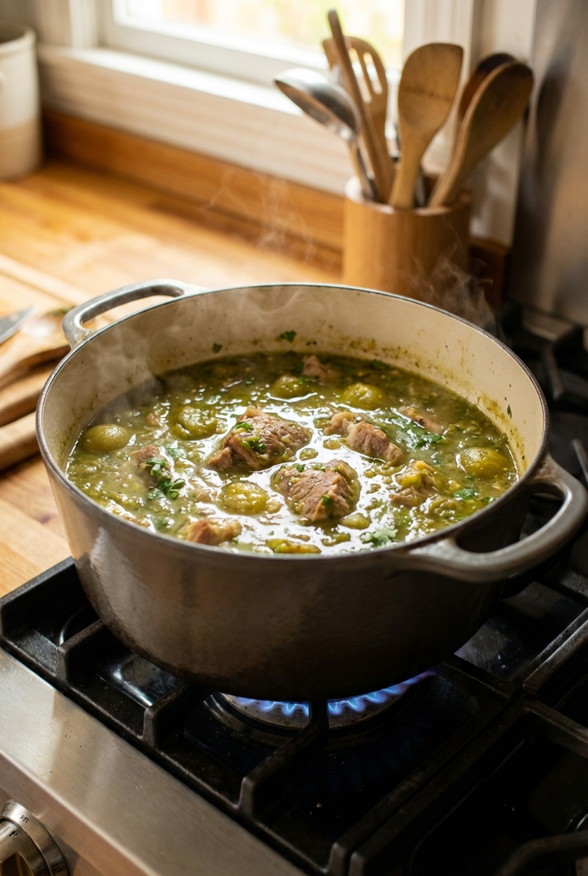 A Dutch oven on a stovetop filled with bright green chili verde simmering with tender chunks of pork