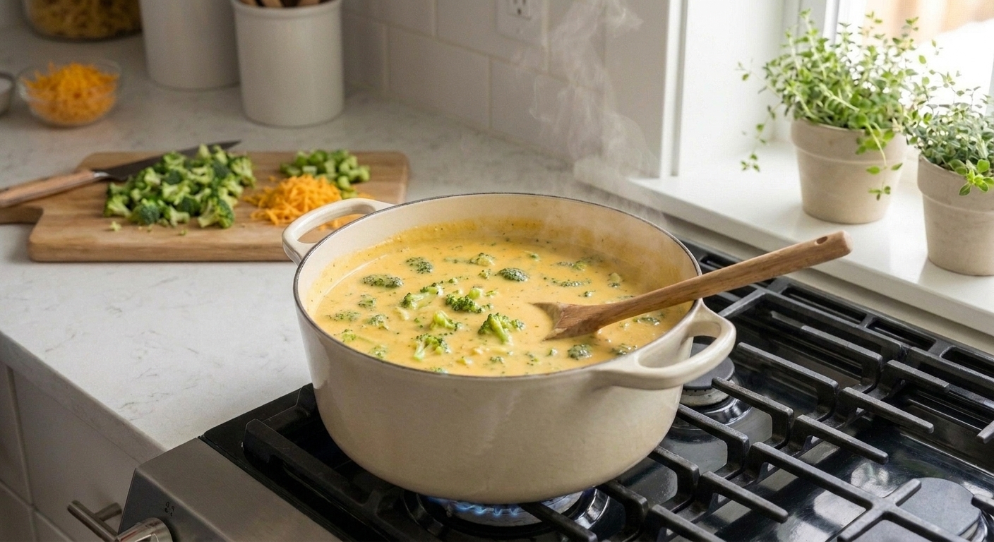 A Dutch oven on a stovetop filled with creamy broccoli cheddar soup, with small florets visible and steam rising in a bright home kitchen