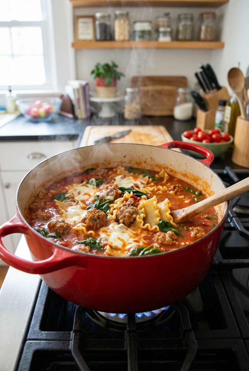A Dutch oven on a stovetop filled with simmering tomato based lasagna soup with sausage and noodles