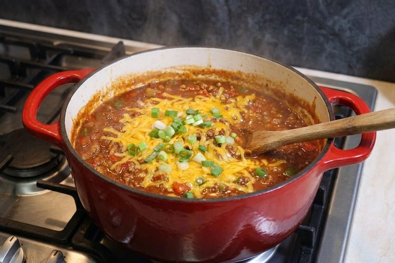 A Dutch oven on a stovetop filled with thick beanless chili, topped with shredded cheddar and sliced green onions, warm kitchen lighting
