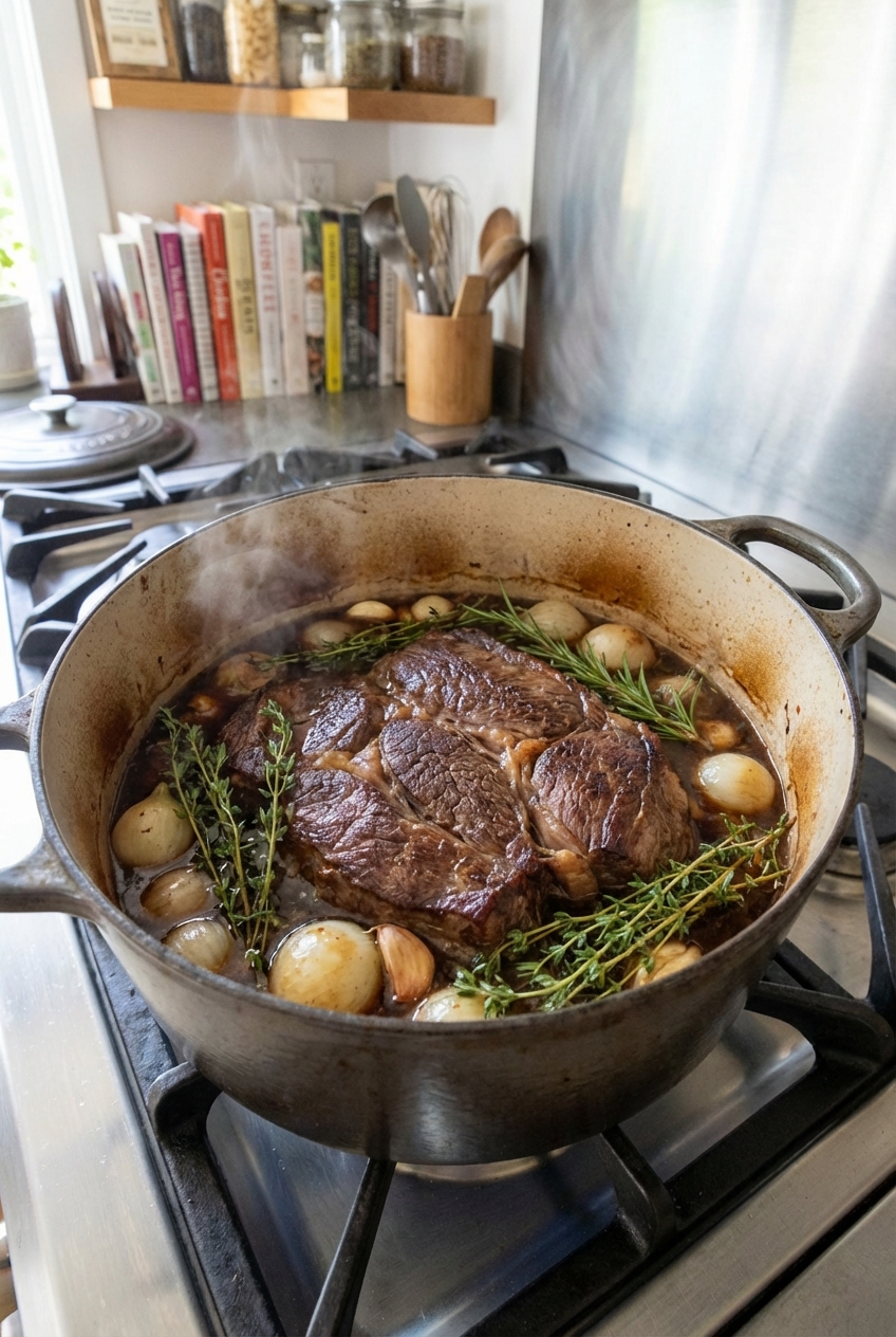 A Dutch oven on a stovetop with a beef roast nestled in a dark marinade with onions and herbs