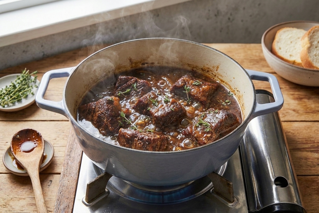 A Dutch oven on a stovetop with a dark stew gently simmering, a wooden spoon resting nearby on a clean kitchen counter