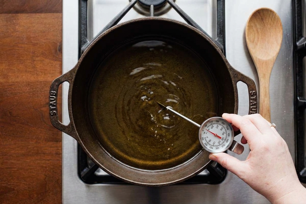 A Dutch oven on a stovetop with a thermometer clipped to the side measuring hot frying oil