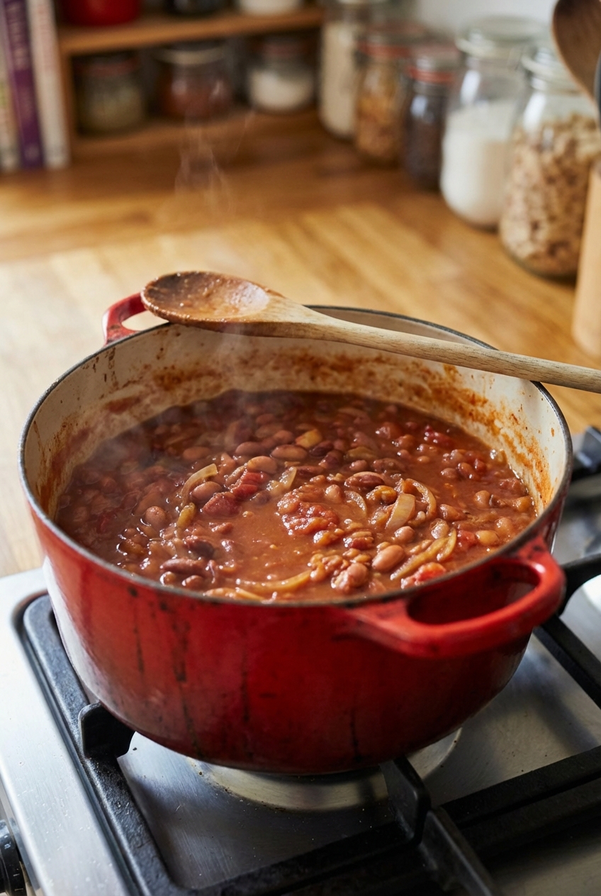 A Dutch oven on a stovetop with beans simmering in a reddish broth, a wooden spoon resting on the rim