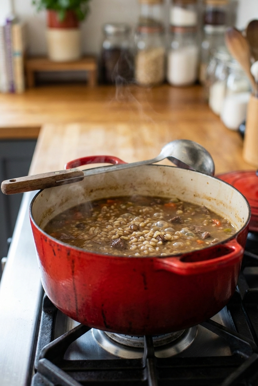 A Dutch oven on a stovetop with beef soup gently simmering and a ladle resting on the rim
