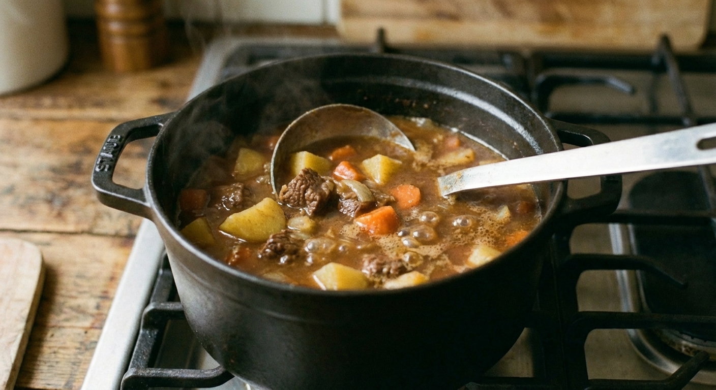 A Dutch oven on a stovetop with beef stew gently simmering, showing bubbles at the surface and a ladle resting on the rim
