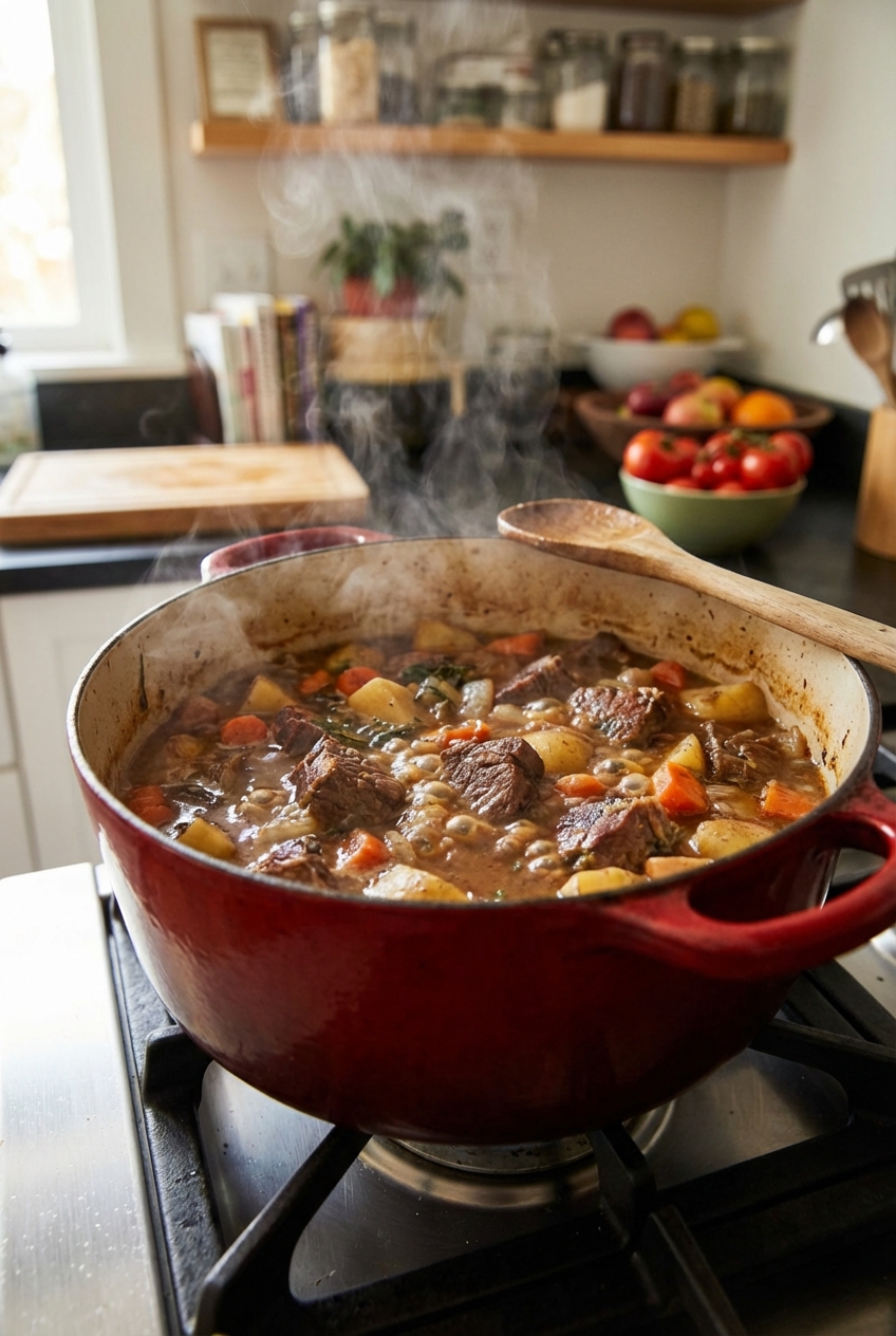 A Dutch oven on a stovetop with beef stew gently simmering, steam rising from the pot