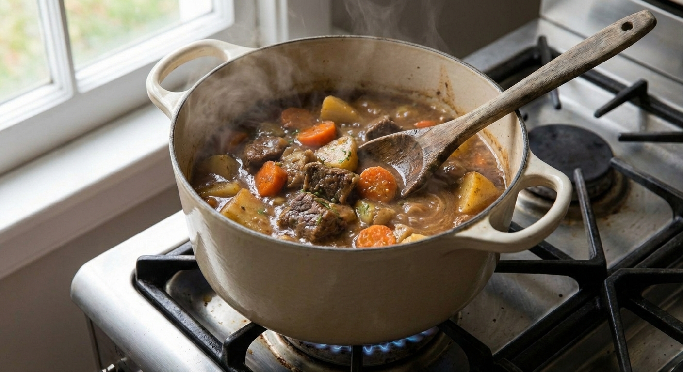 A Dutch oven on a stovetop with beef stew simmering, visible steam rising and a wooden spoon stirring