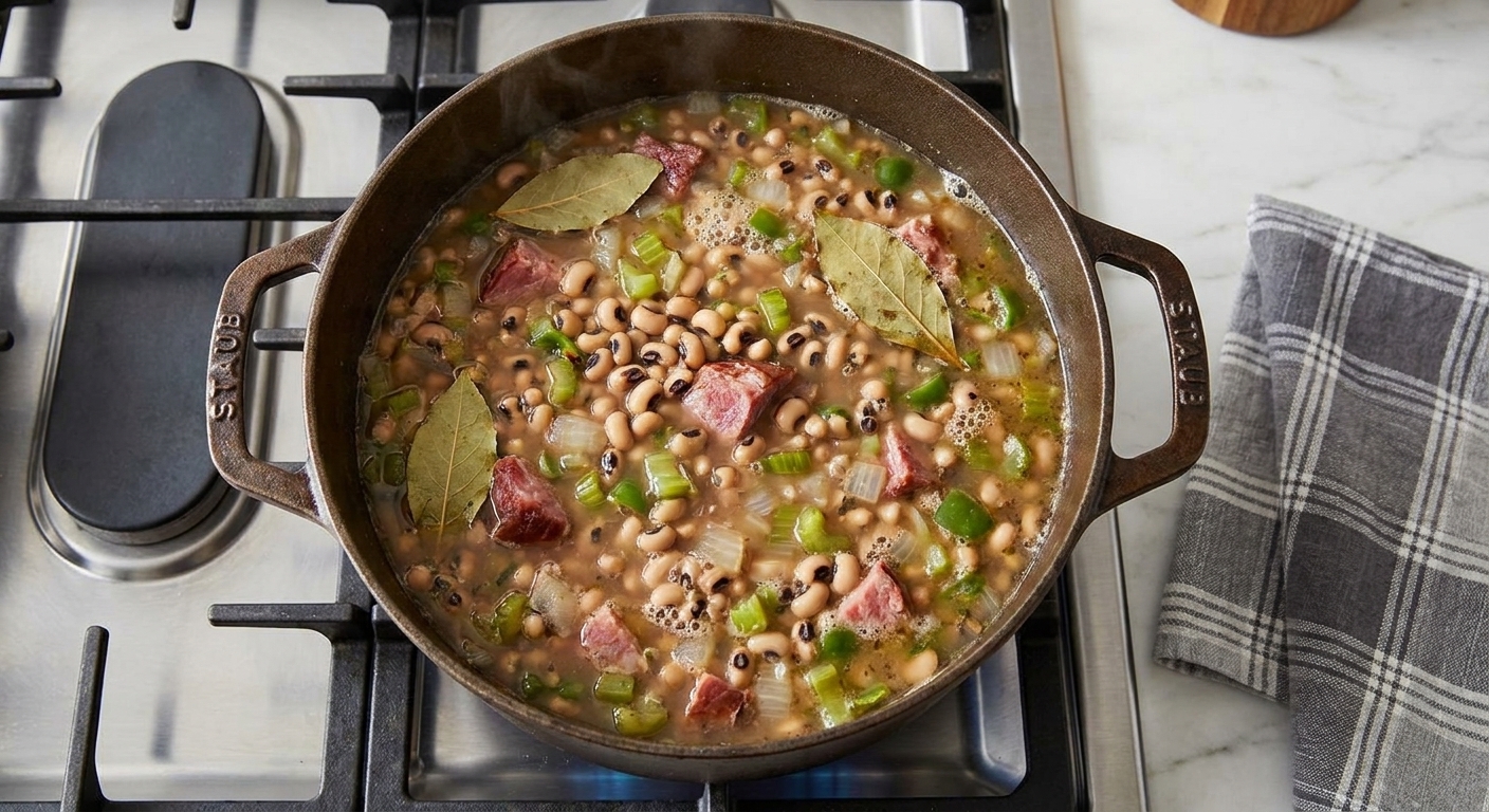 A Dutch oven on a stovetop with black-eyed peas gently simmering in a smoky broth with bay leaves visible