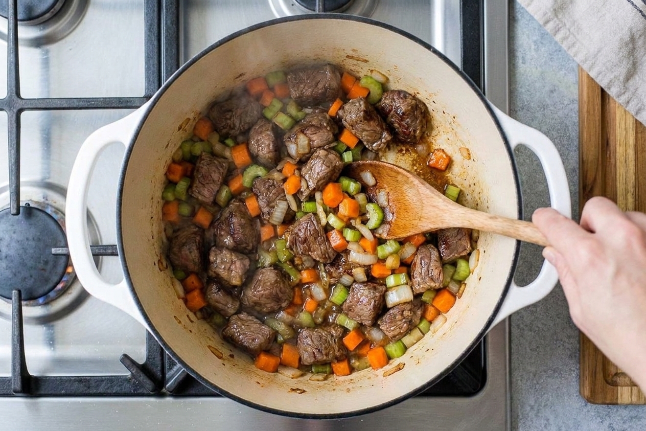 A Dutch oven on a stovetop with browned beef and diced carrots, celery, and onion being stirred together with a wooden spoon