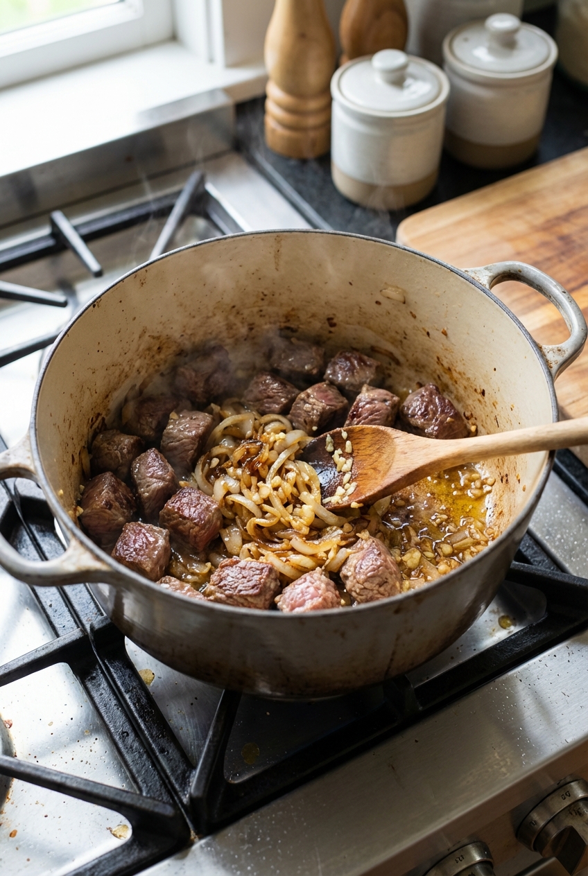 A Dutch oven on a stovetop with browned beef and sautéed onions and garlic