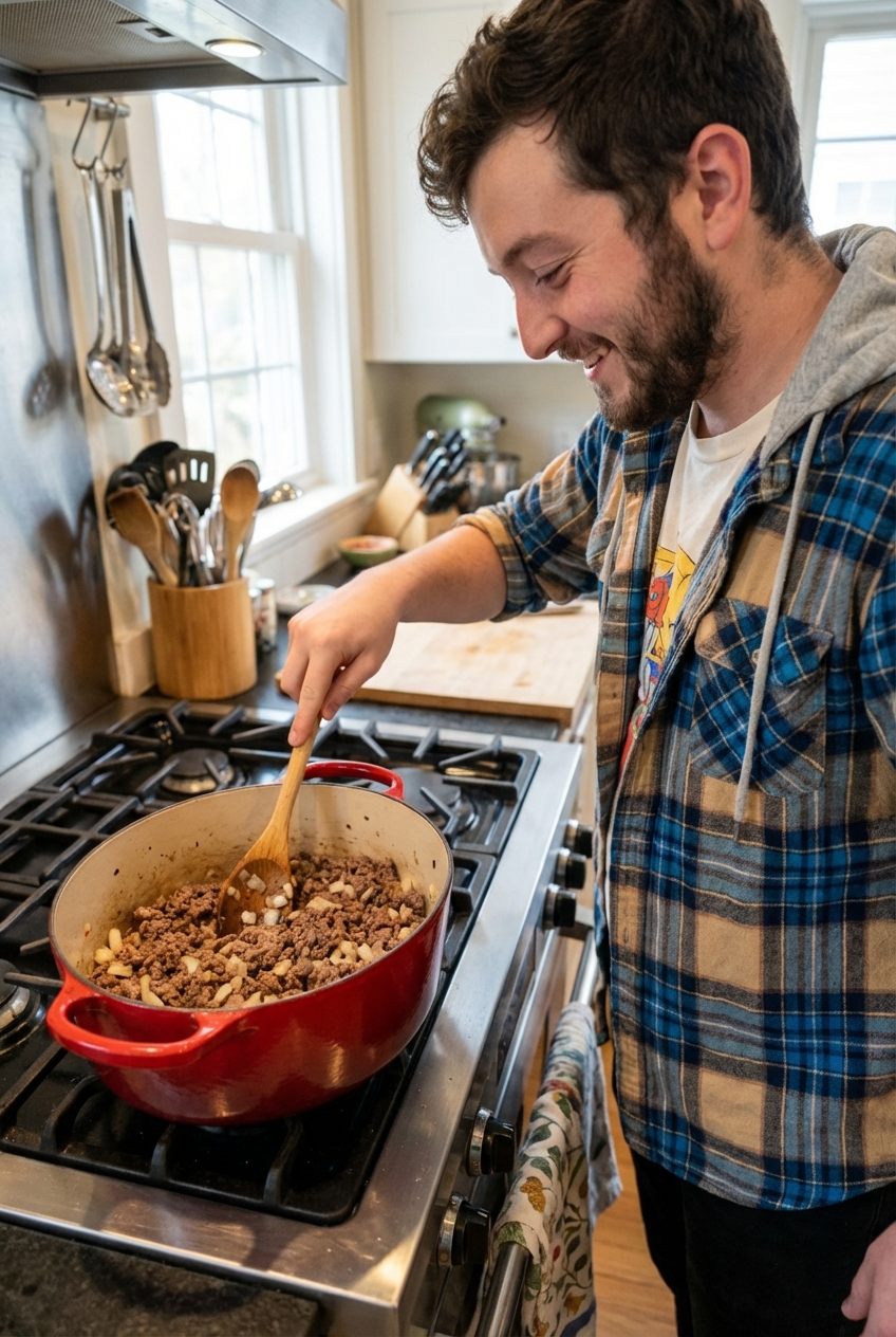 A Dutch oven on a stovetop with browned ground beef and onions being stirred with a wooden spoon