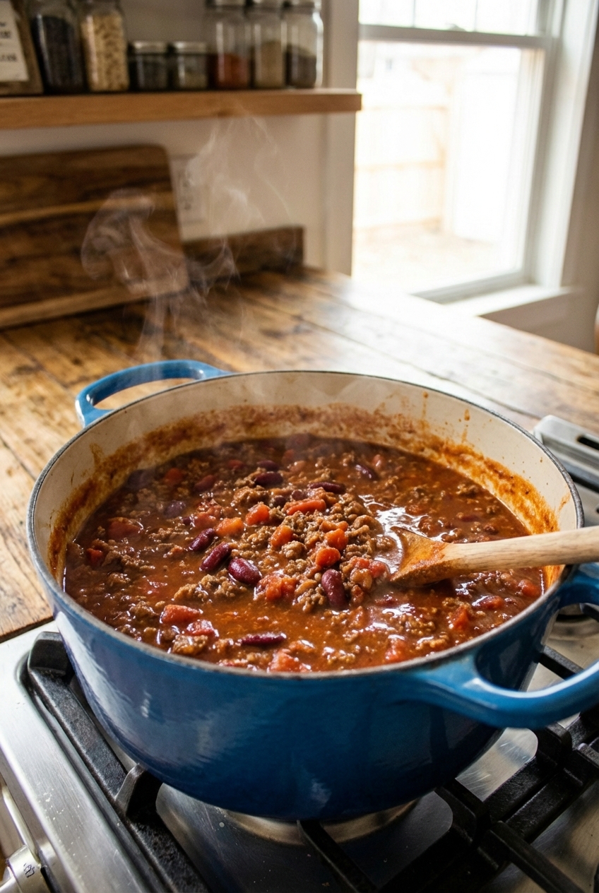 A Dutch oven on a stovetop with chili gently simmering, showing a thick red sauce with visible beans and beef