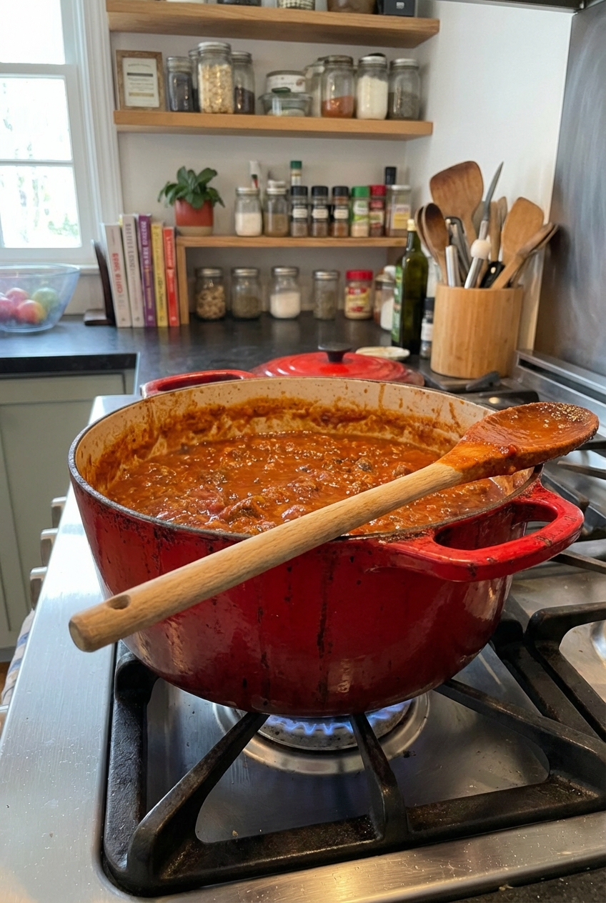 A Dutch oven on a stovetop with chili simmering, a wooden spoon resting on the rim