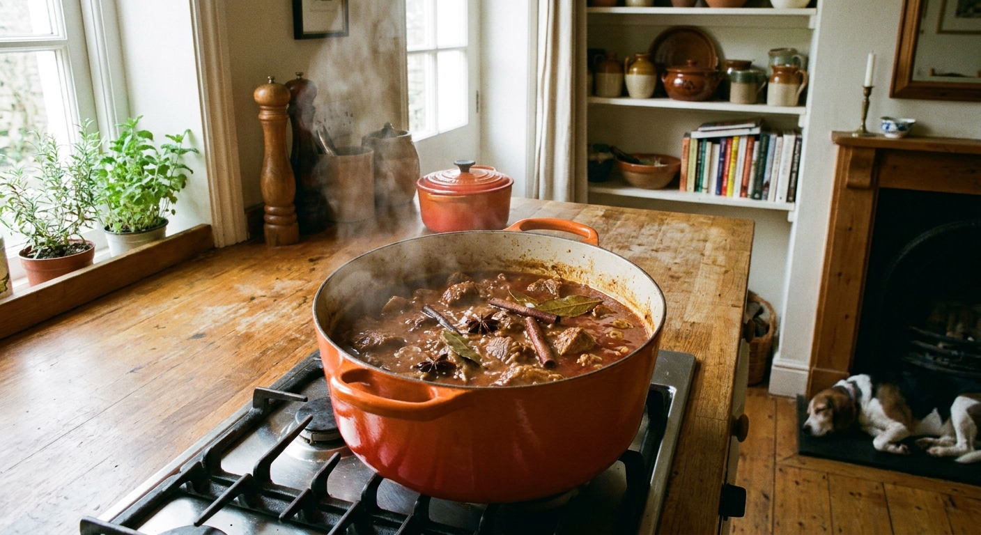 A Dutch oven on a stovetop with lamb rogan josh gently simmering, showing a rich red gravy and whole spices on the surface in a cozy home kitchen