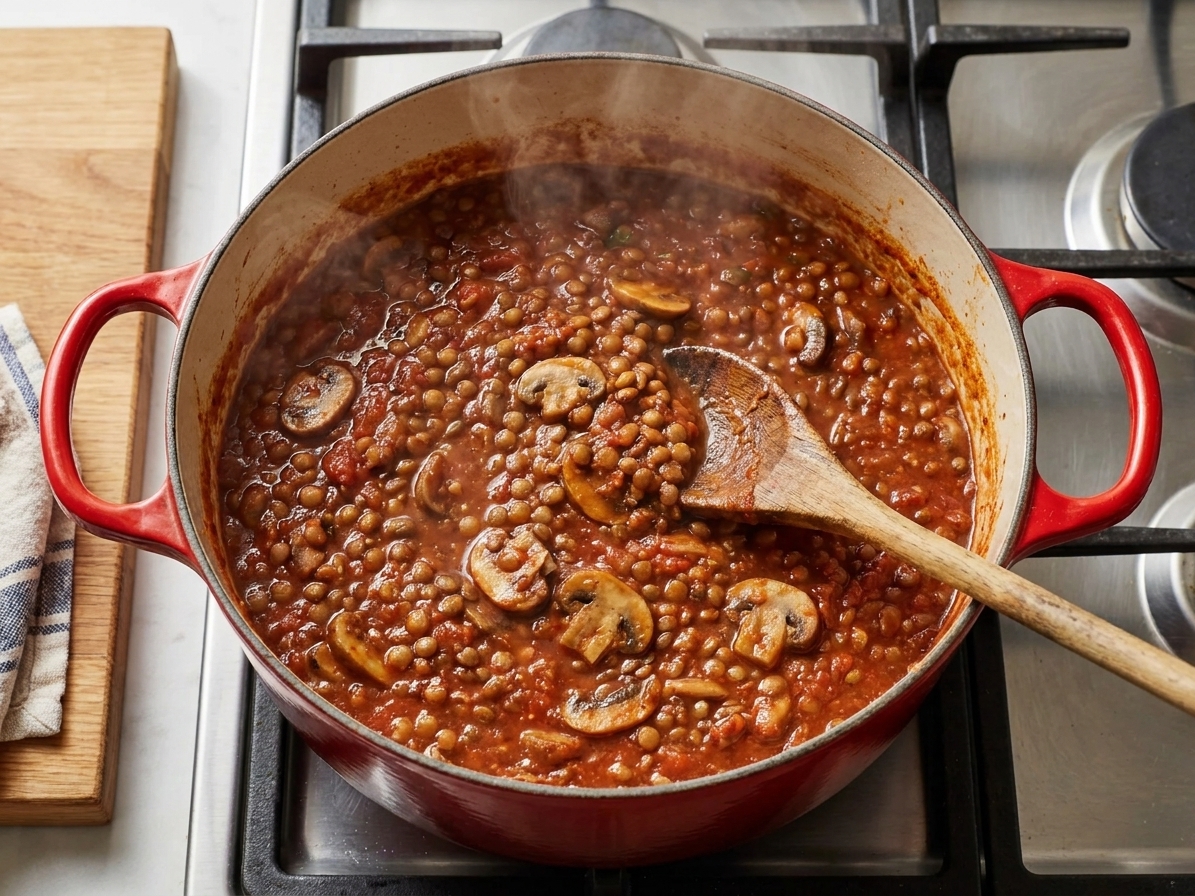 A Dutch oven on a stovetop with lentil and mushroom bolognese simmering, a wooden spoon resting in the pot with steam rising