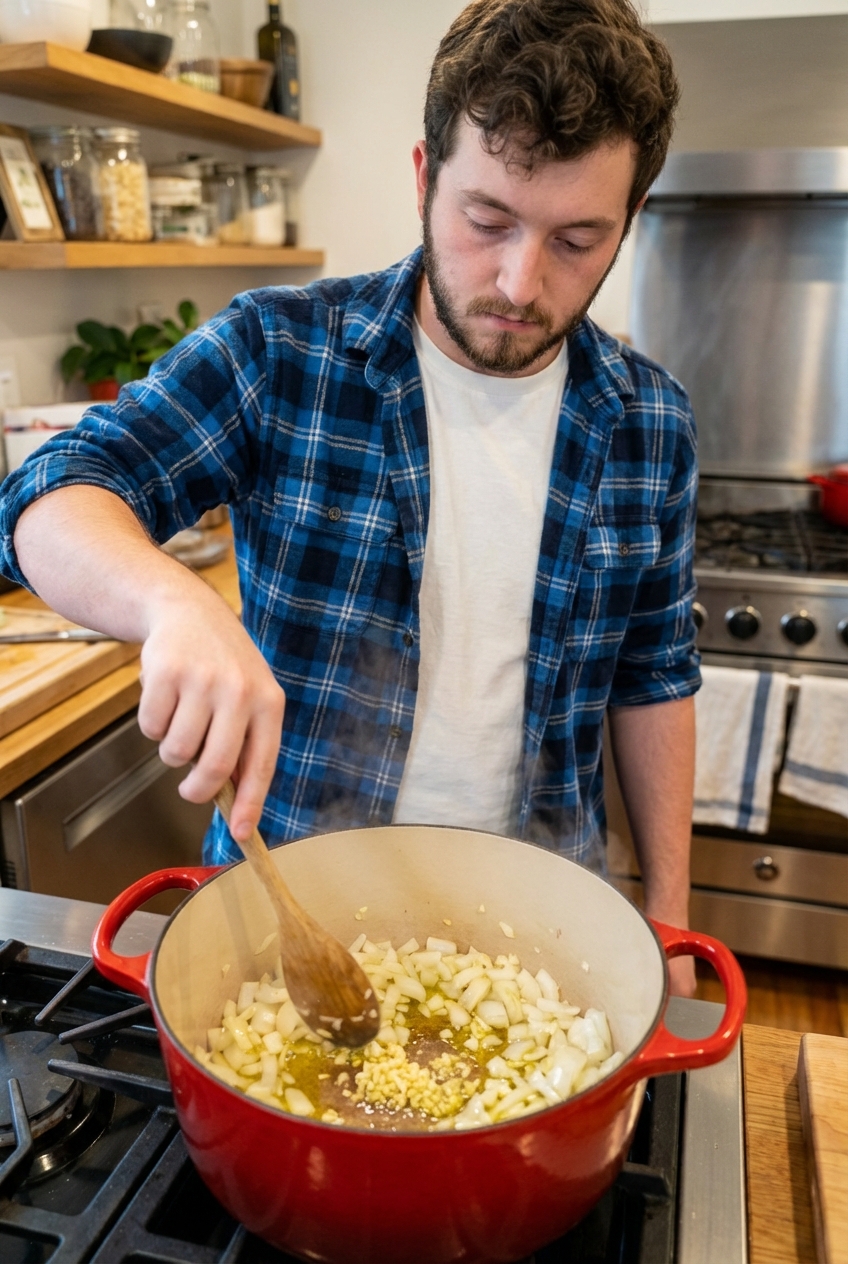 A Dutch oven on a stovetop with onions and garlic sizzling in a little olive oil