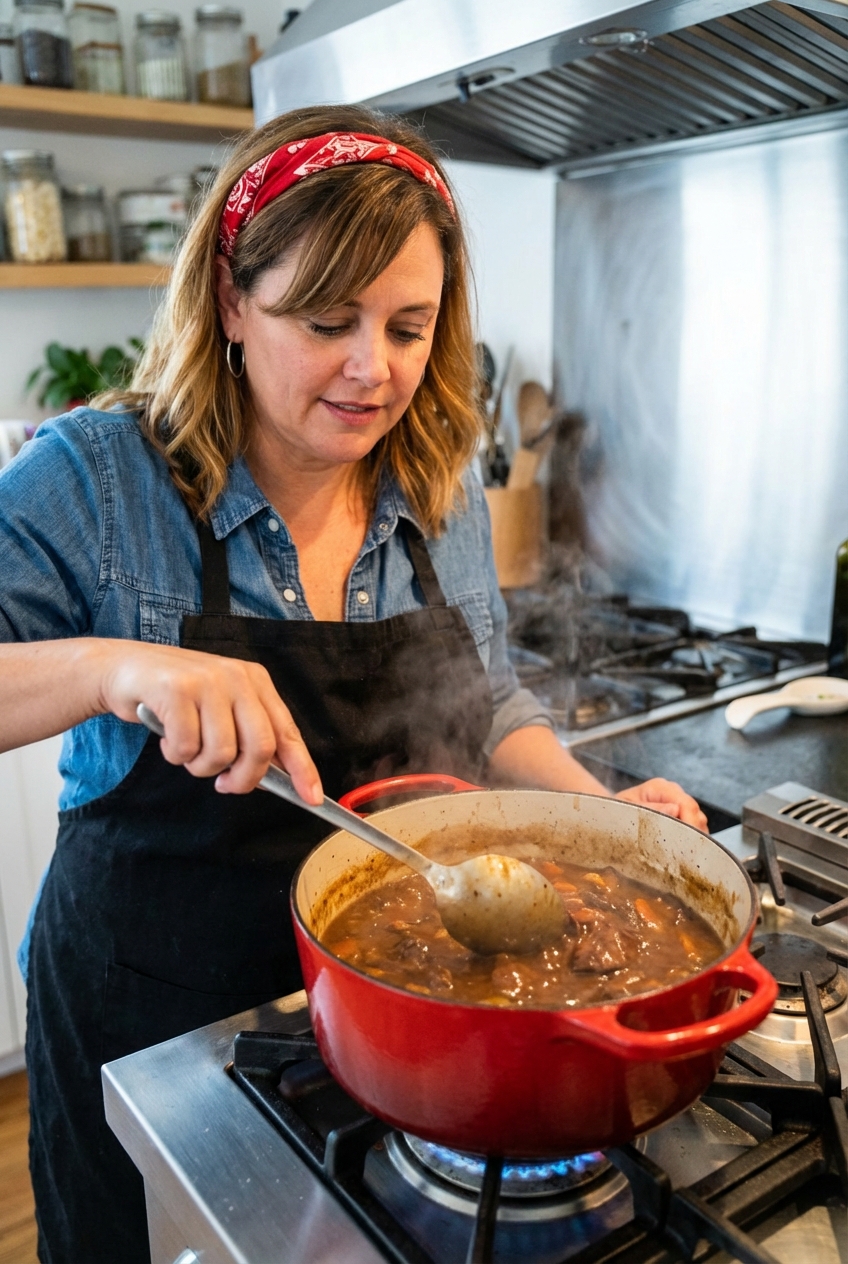 A Dutch oven on a stovetop with pot roast gravy simmering and a spoon stirring it