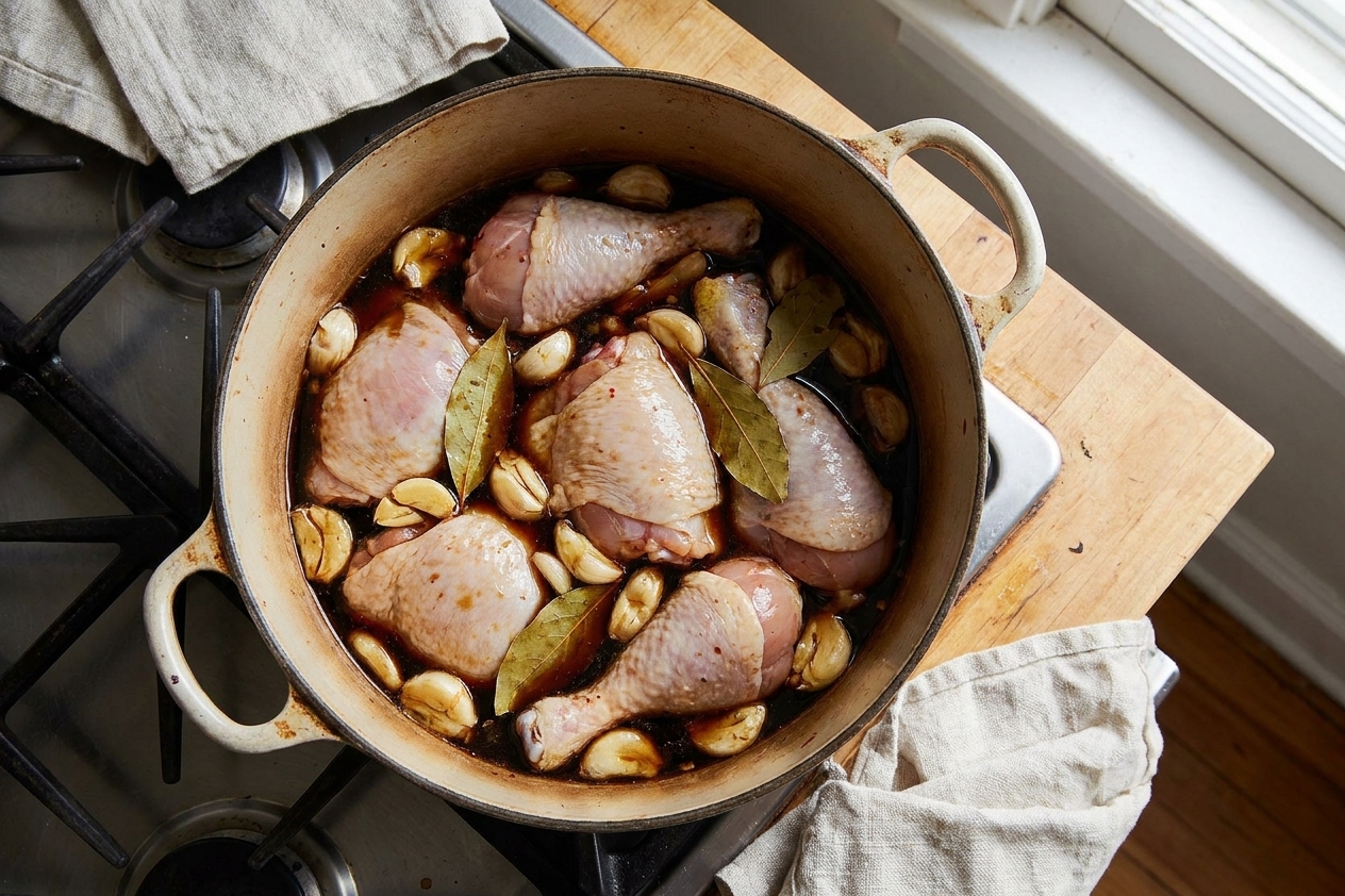 A Dutch oven on a stovetop with raw chicken pieces nestled into a soy sauce and vinegar mixture with smashed garlic and bay leaves