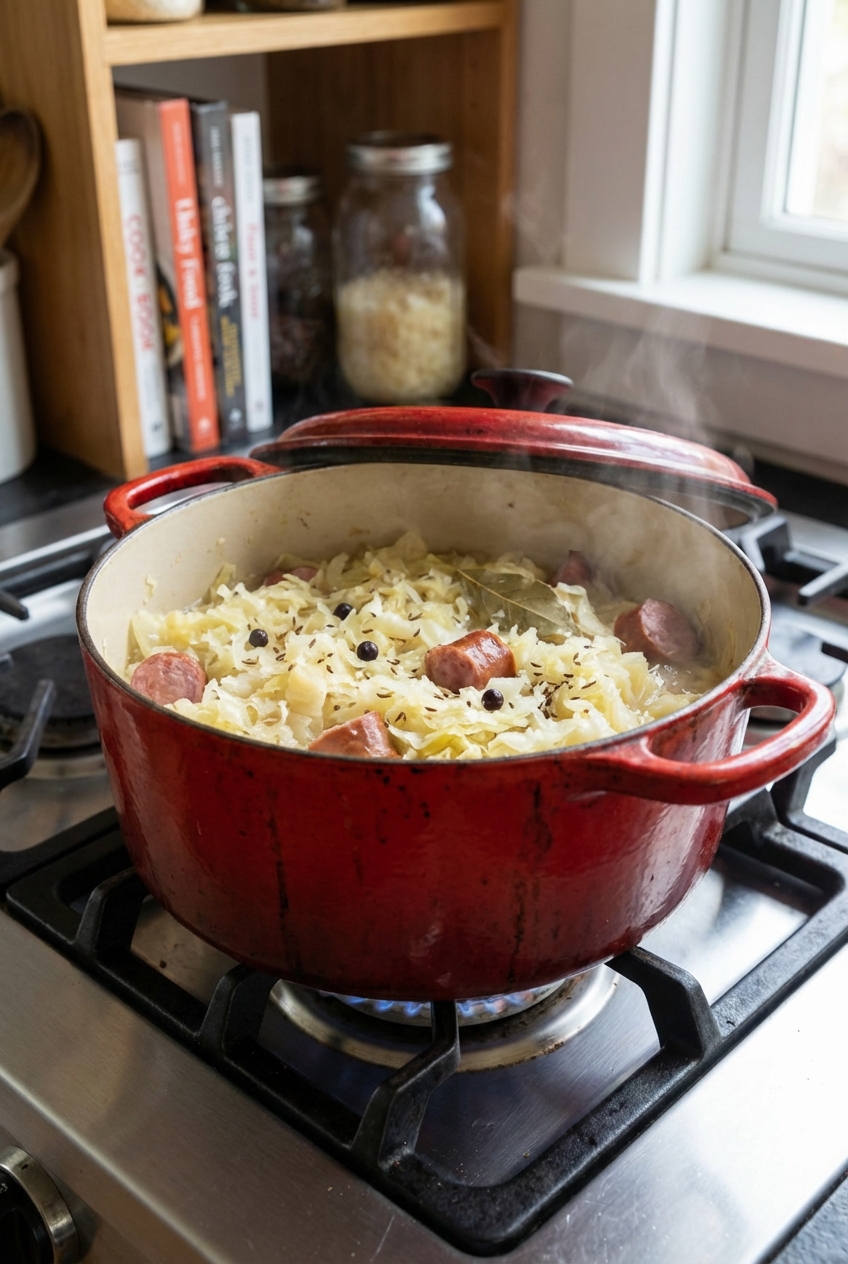 A Dutch oven on a stovetop with sauerkraut simmering with spices