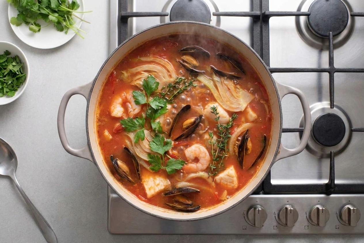 A Dutch oven on a stovetop with seafood soup broth gently simmering, visible fennel slices and herbs in a tomato-red broth