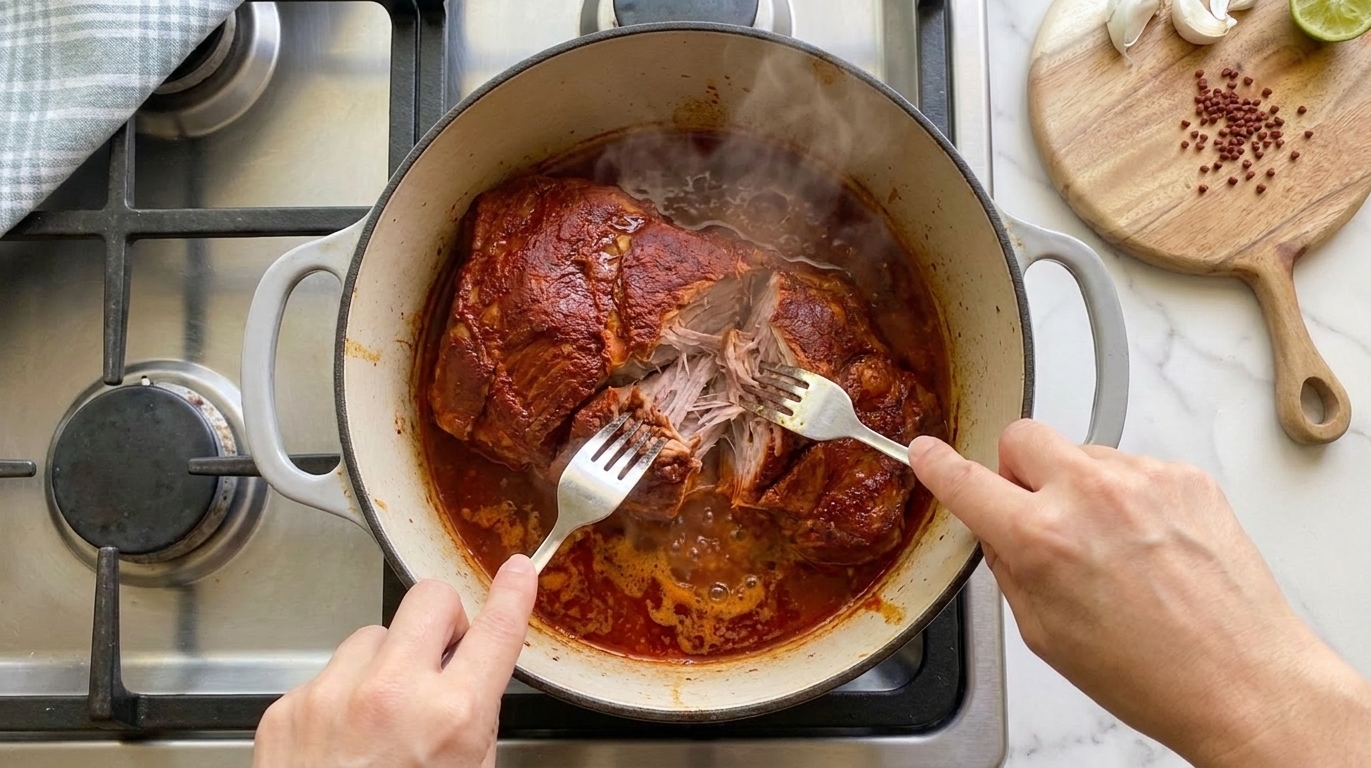 A Dutch oven on a stovetop with tender red-tinted pork being pulled apart with two forks, cooking juices pooling at the bottom
