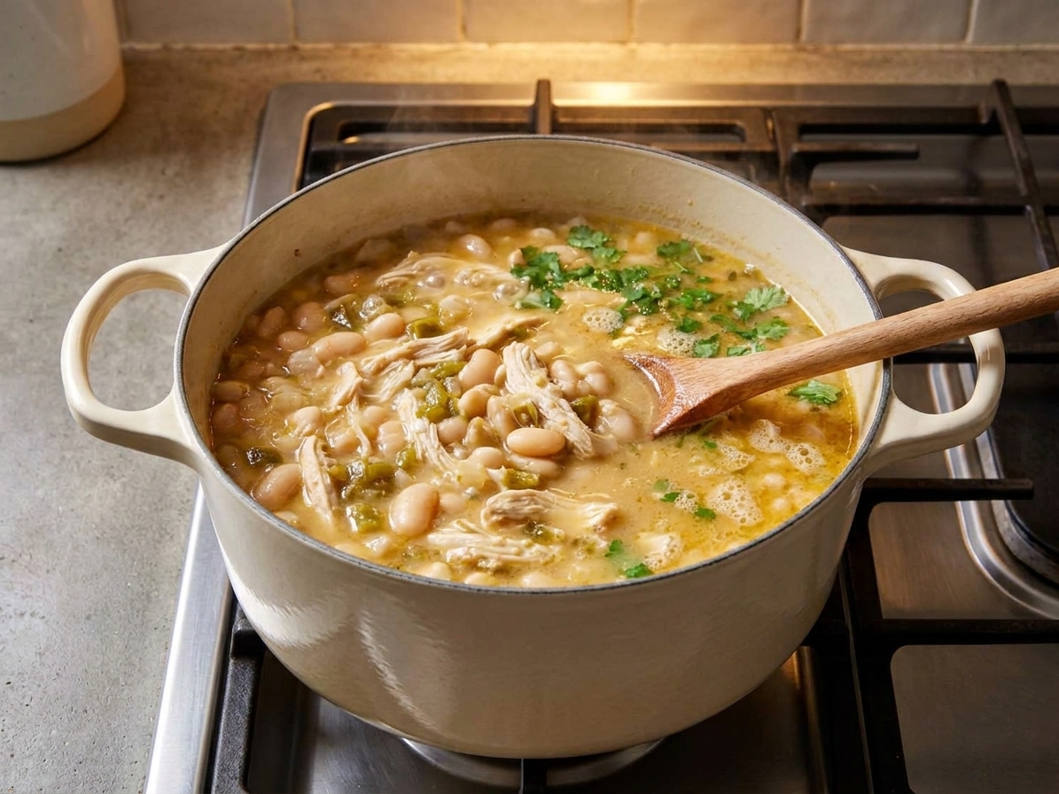 A Dutch oven on a stovetop with white bean chicken chili gently simmering, with shredded chicken and beans in a creamy broth