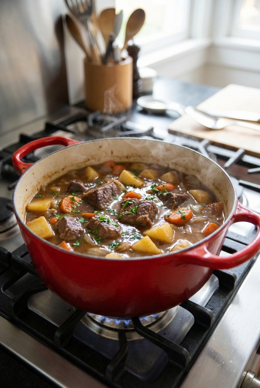 A Dutch oven on the stove with Irish stew simmering, showing chunks of beef, potatoes, and carrots in the broth